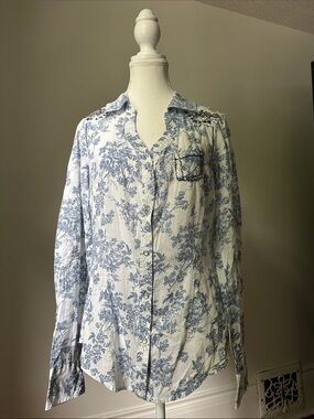 GUESS Y2K 100% Cotton Blue Floral Embellished Cottagecore Button Down Medium